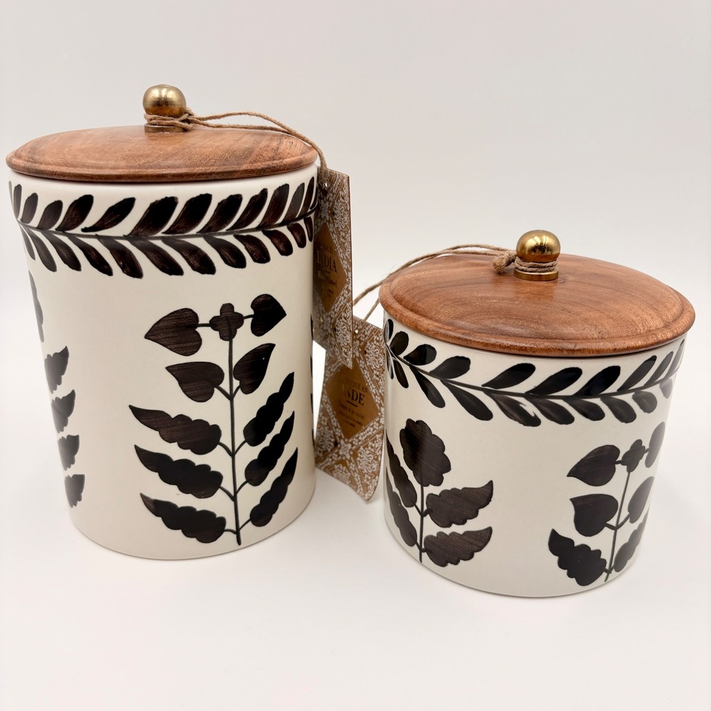 Made in India Hand Painted Ceramic Canister Set 2 Wood Lids Gold Knobs Botanical